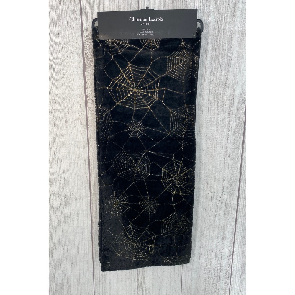 Christian Lacroix Table Runner 14x72 Black Gold Spiderweb Faux Fur Halloween